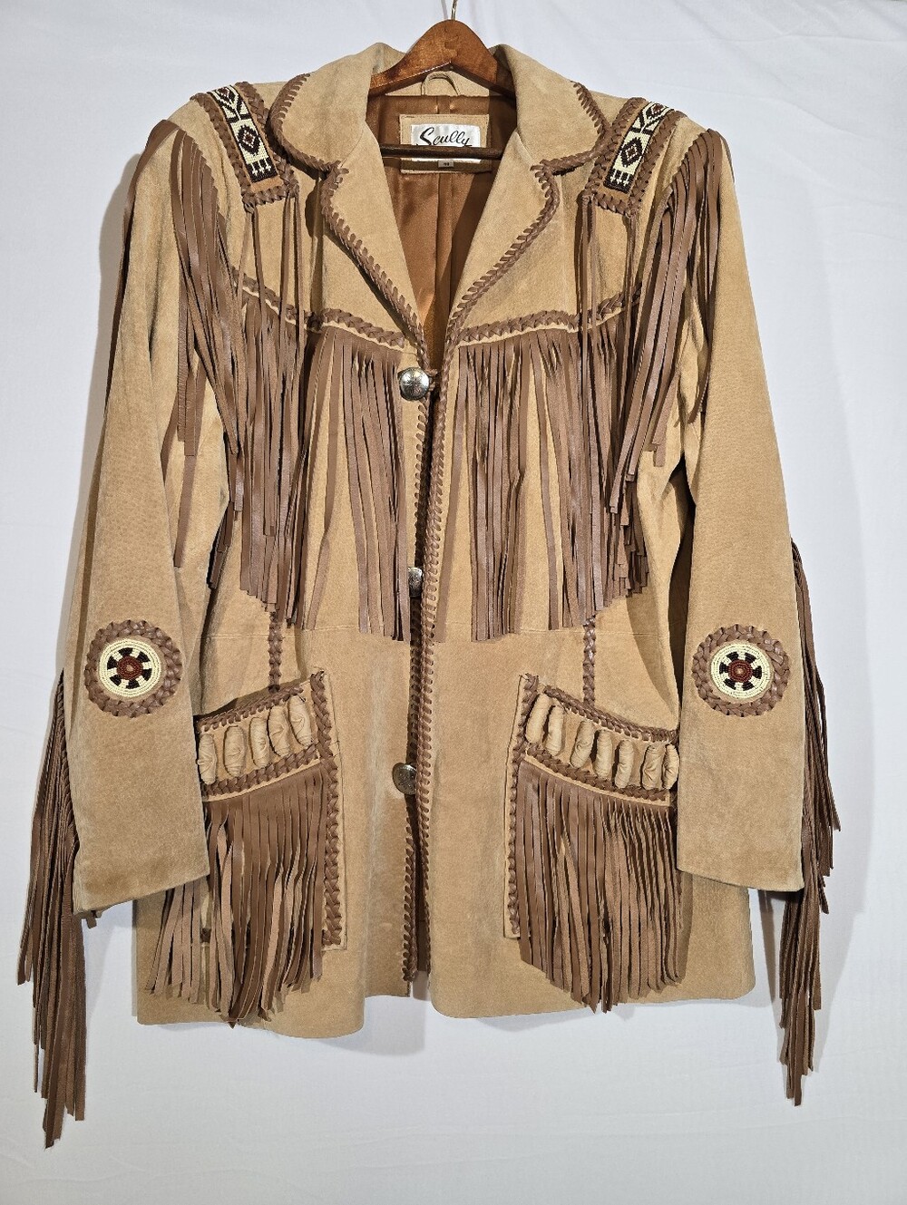 Vintage Scully Leather Fringe Jacket Western Native Beaded Suede Coat Tan XL 46